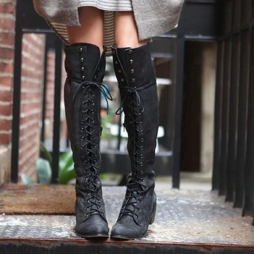 Jeffrey Campbell Joe Black Lace-Up Over the Knee Boots